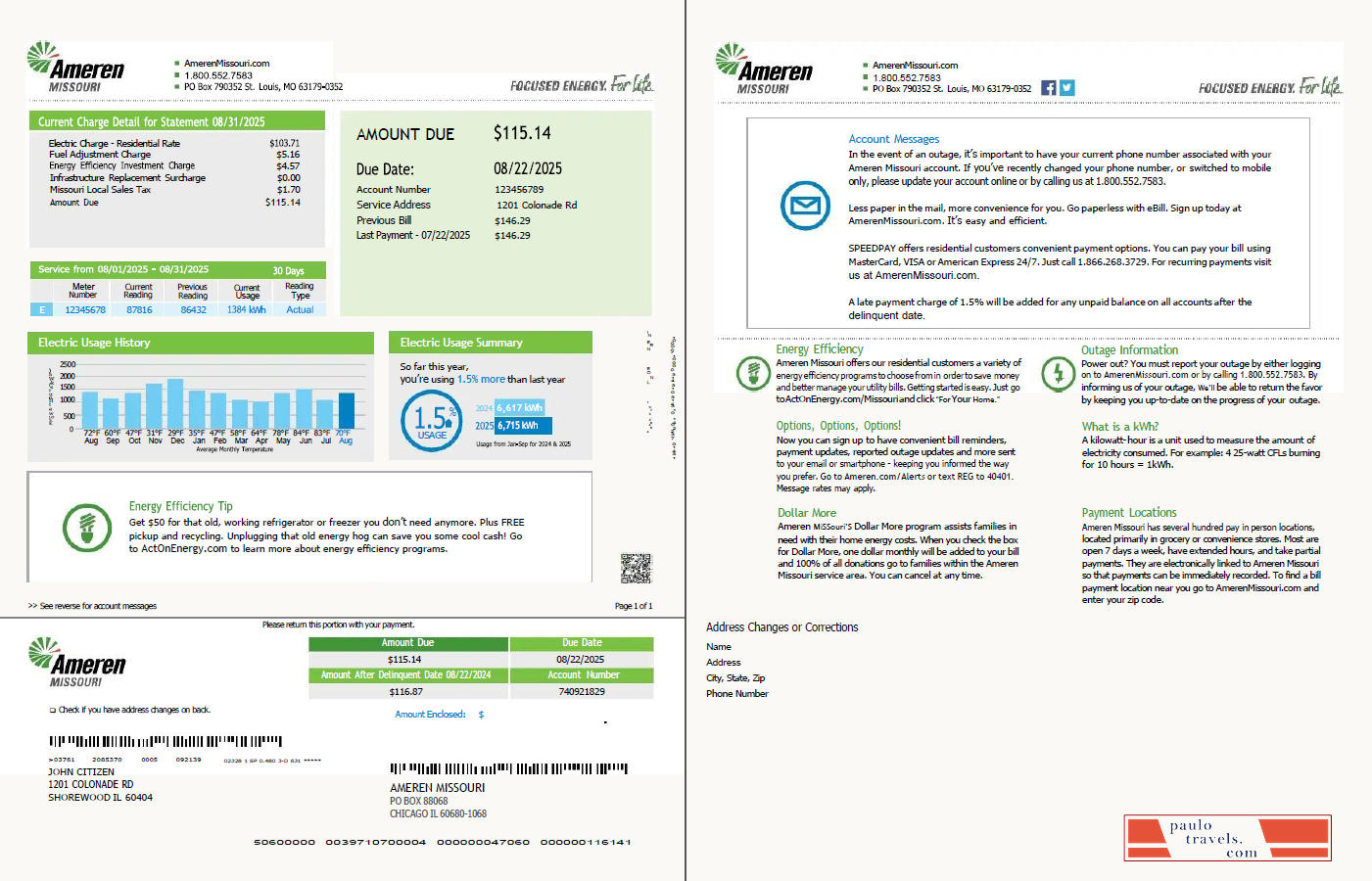 USA Ameren Missouri utility bill template in Word and PDF formats, 2 pages